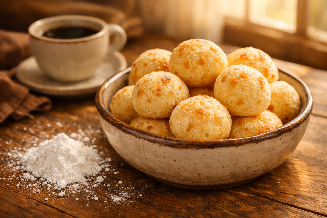 Pão de queijo na Holanda — a rustic bowl filled with golden, freshly baked Brazilian cheese bread on a wooden table.
