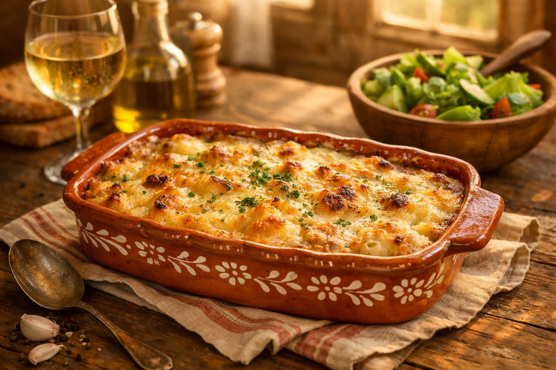 Bacalhau com Natas — a golden-brown baked Portuguese cod casserole in a ceramic dish on a rustic table.