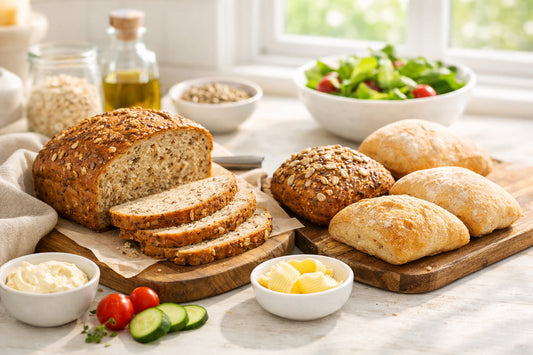Glutenvrij brood — an assortment of different Schär gluten-free breads on a clean kitchen counter.