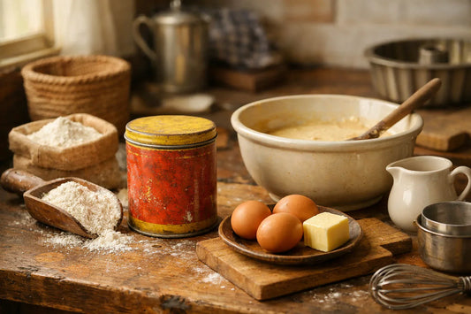 Baking Powder — vintage tin of fermento em pó in a Brazilian kitchen with baking ingredients