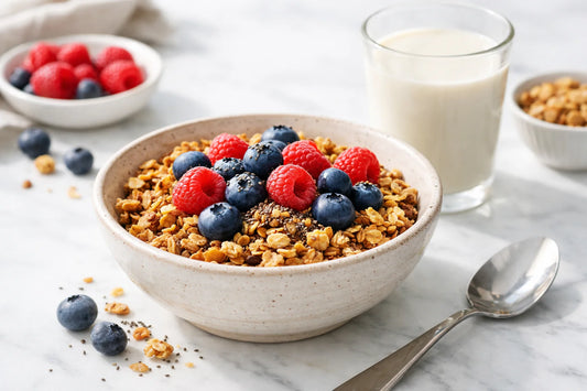 Glutenvrije granola — a bowl of gluten-free granola topped with fresh berries and seeds on a white marble counter.
