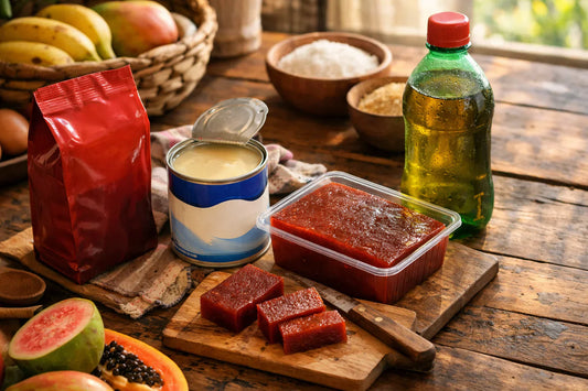 Braziliaanse boodschappenlijst — a flat lay of essential Brazilian food products like coffee, condensed milk, and beans.