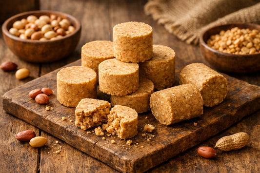 Paçoquinha — traditioneel Braziliaans pindasnoepgoed uitgestald op een rustieke houten plank.