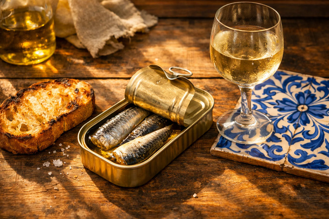 Portugese sardines — een open blikje sardines op een rustieke tafel met toast en een Portugese tegel.
