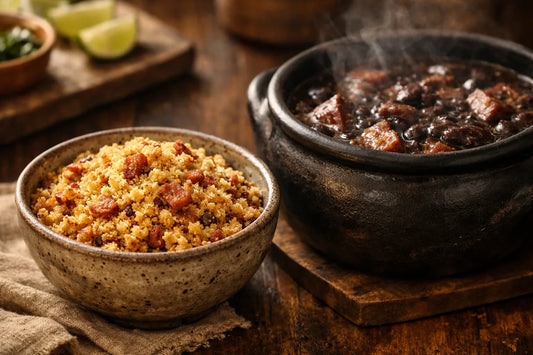Farofa kopen — een kom met goudbruin geroosterde farofa naast een traditionele Braziliaanse feijoada op een houten tafel.