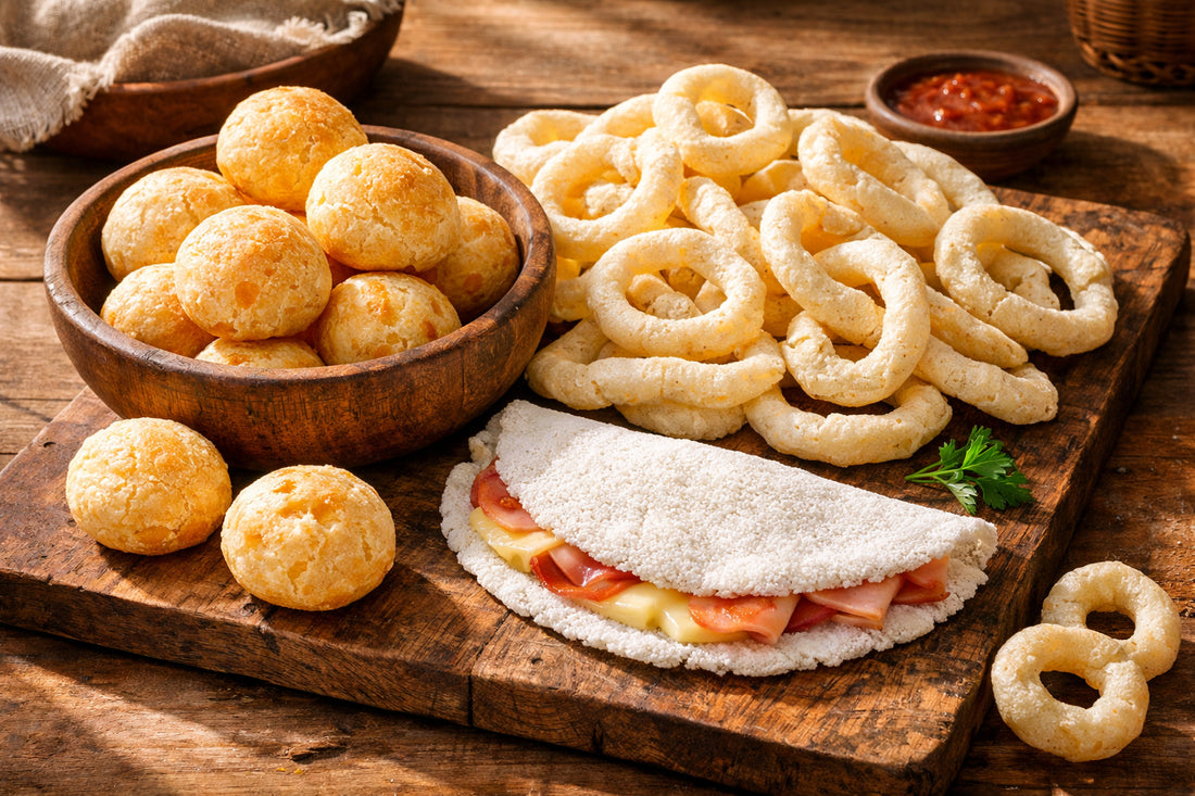 Polvilho recipes — a variety of Brazilian snacks like pão de queijo and biscoitos de polvilho on a wooden board.