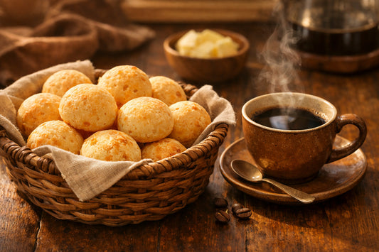 Pão de Queijo — a basket of freshly baked Brazilian cheese bread on a rustic wooden table next to a cup of coffee.