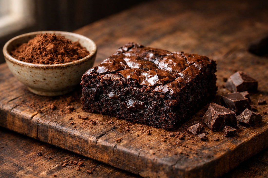 Brownie mix vs zelf maken — een perfect gebakken, fudgy brownie op een houten plank met cacaopoeder ernaast.