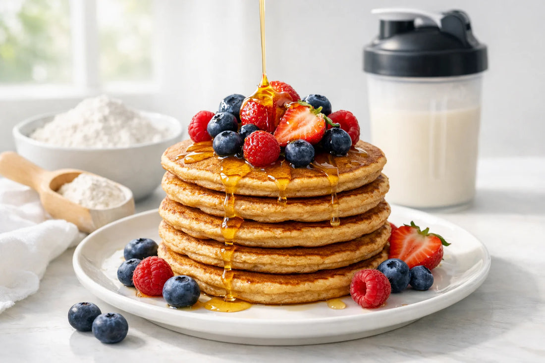 Proteïne pannenkoeken — a stack of gluten-free pancakes made with tapioca, topped with fresh berries.