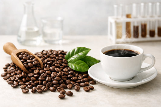 Coffee — freshly roasted beans, a steaming cup, and green leaves on a clean surface, representing health benefits.