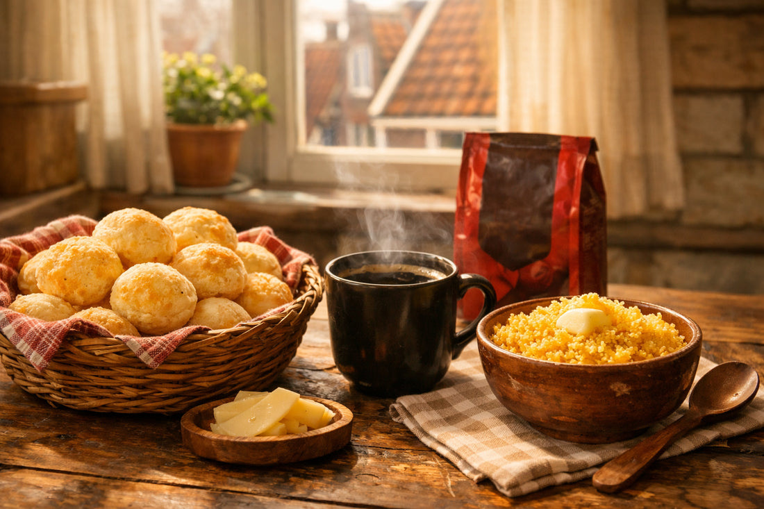 Produtos Brasileiros na Holanda — a cozy breakfast table with fresh pão de queijo, cuscuz, and a cup of coffee.