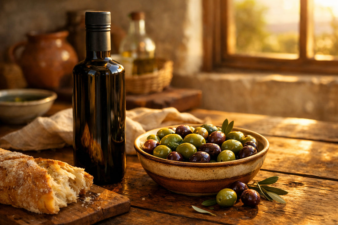Esporaõ olijfolie — een fles premium Portugese olijfolie op een rustieke houten tafel met verse olijven en brood.