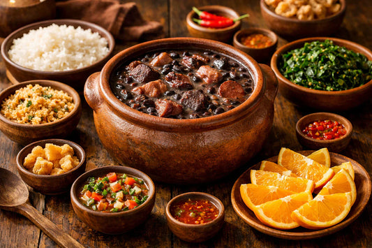 Feijoada boodschappenlijst — A traditional Brazilian feijoada stew in a clay pot with rice, farofa, and orange slices.