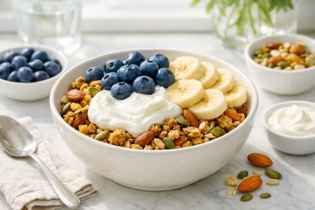 Proteïne granola — een gezonde ontbijtkom gevuld met knapperige granola, Griekse yoghurt en vers fruit.