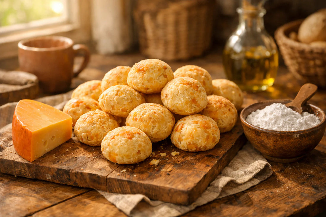 Pão de queijo na Holanda — a batch of freshly baked Brazilian cheese bread on a rustic wooden board.