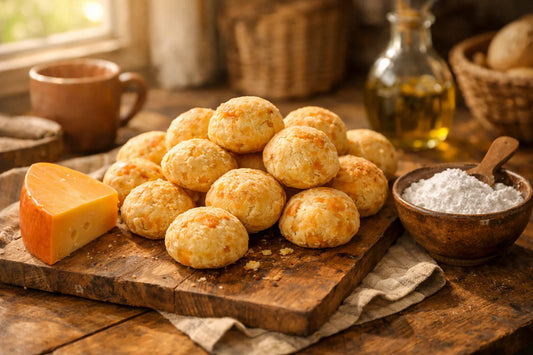 Pão de queijo na Holanda — a batch of freshly baked Brazilian cheese bread on a rustic wooden board.
