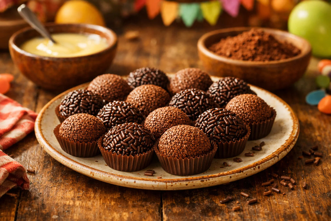 Brigadeiro — A plate of traditional Brazilian chocolate truffles covered in sprinkles on a wooden table.