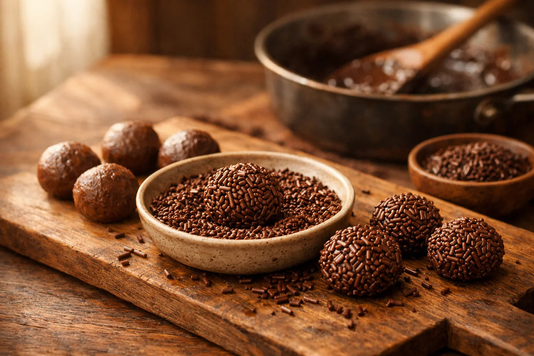 Brigadeiro maken — close-up of freshly rolled Brazilian chocolate truffles being coated in chocolate sprinkles on a wooden board.