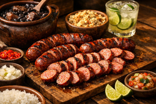 Braziliaanse worst kopen — Grilled Linguiça Calabresa sausage sliced on a wooden board next to a pot of feijoada.