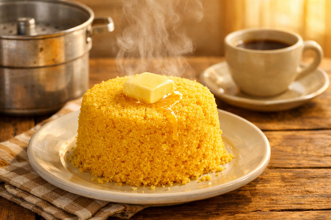 Cuscuz Brasileiro — A fluffy, golden cuscuz with melting butter on top, fresh from the steamer pot for a traditional breakfast.