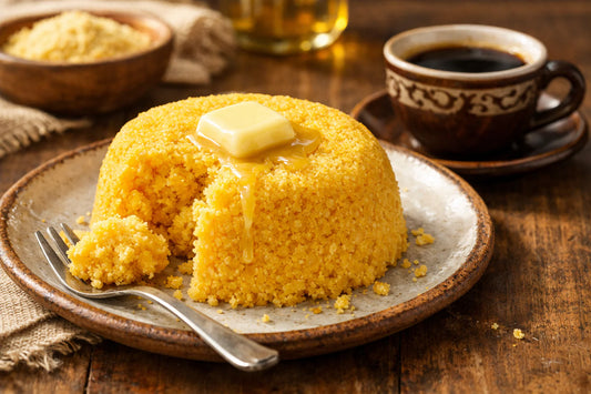 Yoki Flocão — a fluffy Brazilian cuscuz on a ceramic plate with melting butter.