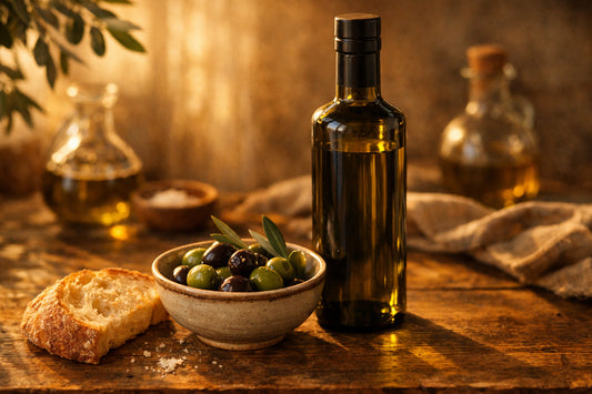 Azeite Português — uma garrafa de azeite premium numa mesa rústica com azeitonas e pão.