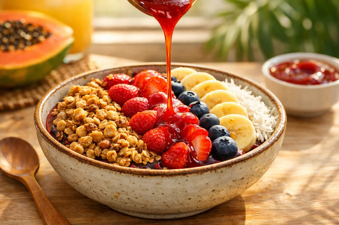 Braziliaans Ontbijt Bowl — A colorful tropical smoothie bowl topped with rows of fruit, granola, and coconut.
