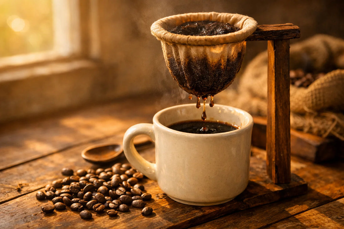 Braziliaanse koffie — een traditionele coador die donkere koffie filtert in een keramische mok op een houten tafel.
