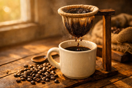 Braziliaanse koffie — een traditionele coador die donkere koffie filtert in een keramische mok op een houten tafel.