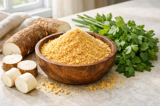 Cassava flour — golden toasted flour in a wooden bowl with raw cassava root pieces