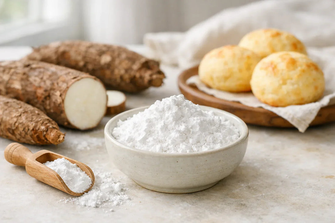 Sour Cassava Starch powder — fine white powder in a ceramic bowl with raw cassava roots and pão de queijo