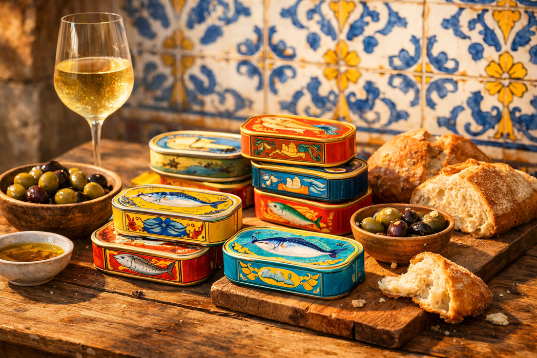 Conservas — a selection of Portuguese tinned fish on a rustic wooden table with bread and wine.