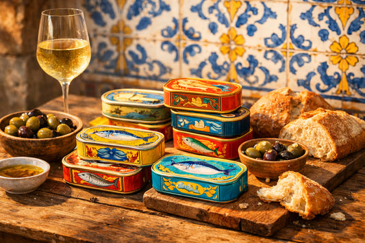 Conservas — a selection of Portuguese tinned fish on a rustic wooden table with bread and wine.