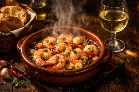 Gambas al Ajillo — Sizzling Spanish garlic shrimp served in a traditional terracotta dish with bread and wine.