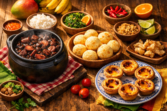 Braziliaanse en Portugese recepten — a vibrant table spread with iconic dishes like feijoada, pão de queijo, and pasteis de nata.
