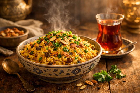Midden-Oosterse Rijst Pilaf — een kom met goudgele, luchtige rijst gegarneerd met verse kruiden en amandelen.