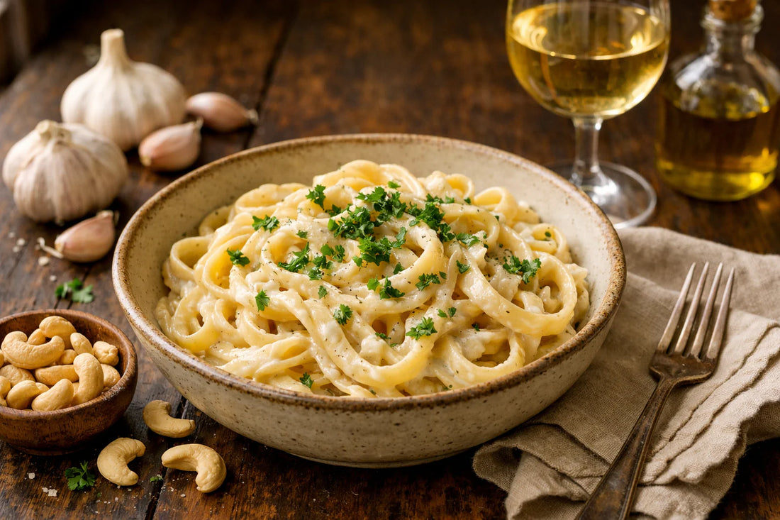 Vegan pasta — a creamy bowl of alfredo pasta garnished with fresh parsley on a rustic table.
