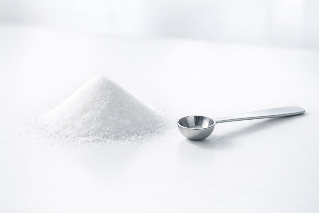 Iodized Table Salt — a small pile of fine white salt with a measuring spoon on a clean surface