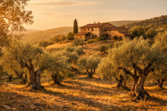 Umbrië olijfolie — een uitzicht op de glooiende heuvels en olijfgaarden van de Italiaanse regio.