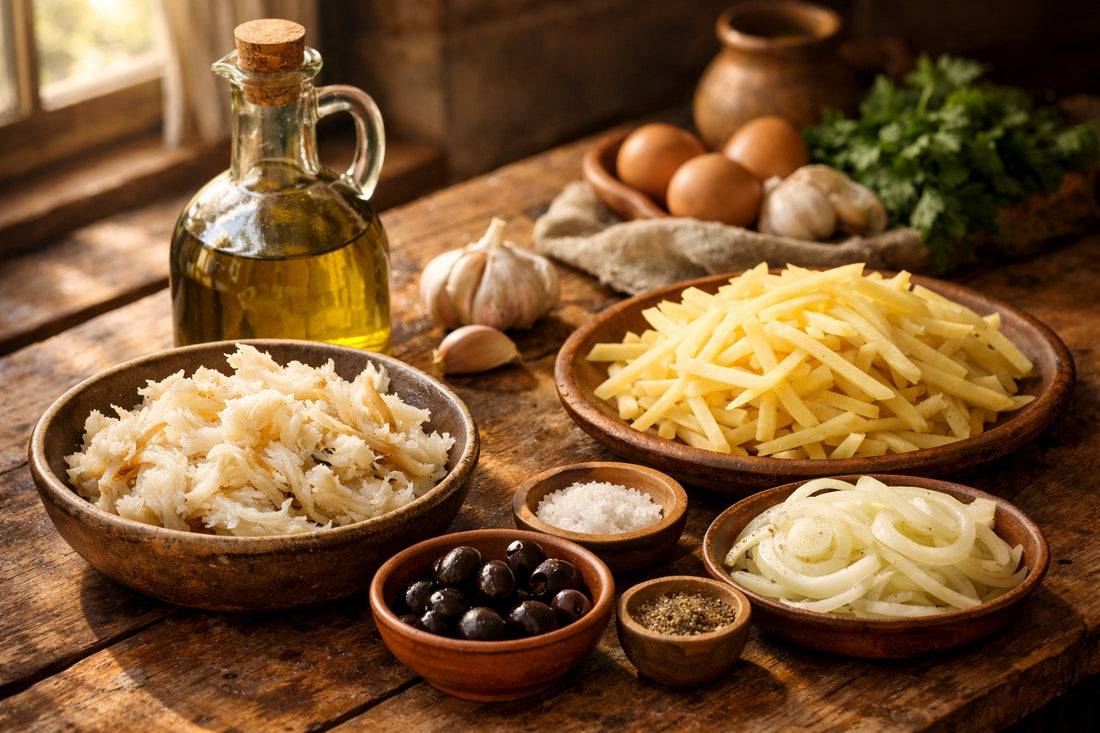 Receitas portuguesas — ingredients for a traditional Portuguese meal like Bacalhau à Brás arranged on a rustic wooden table.
