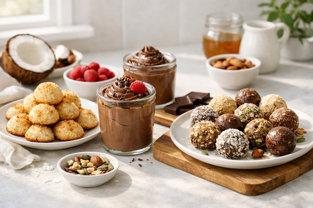 Suikervrije recepten — an assortment of healthy desserts like coconut cookies and chocolate mousse on a bright kitchen counter.