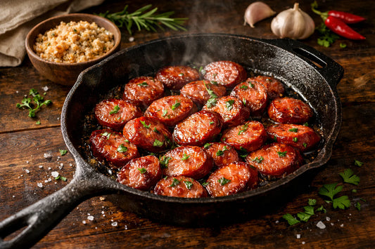 Linguiça Calabresa — Sizzling slices of the Brazilian smoked sausage in a cast-iron pan with herbs.