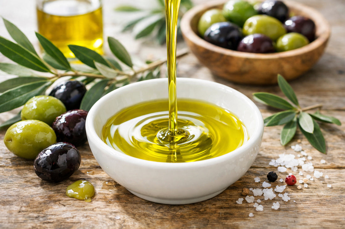 Esporaõ Azeite Virgem Extra — a close-up of golden olive oil being poured into a ceramic bowl with fresh olives nearby.
