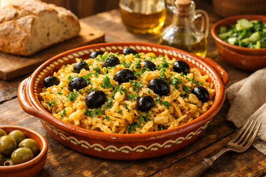 Bacalhau à Brás — a close-up of the traditional Portuguese dish with cod, eggs, and potatoes, garnished with parsley.