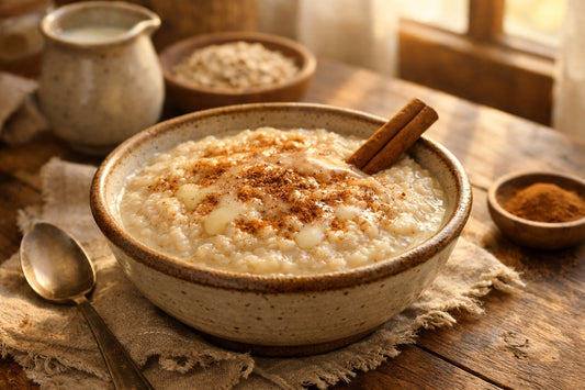 Mingau de Aveia — A creamy bowl of Brazilian oatmeal porridge drizzled with condensed milk and topped with cinnamon.