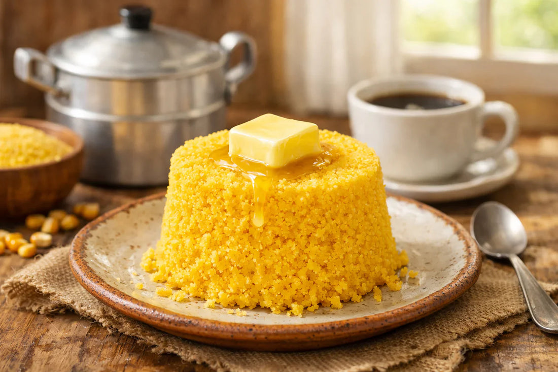 Cuscuz Brasileiro — a fluffy, steamed cornmeal cake with melting butter on a ceramic plate, ready for breakfast.