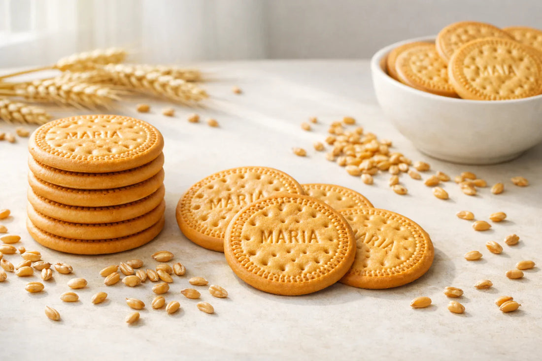 Wheat — Maria Biscuits with scattered wheat grains on a light surface, representing health benefits