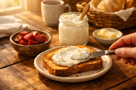 Requeijão — creamy Brazilian cheese being spread on a piece of toast at a breakfast table.
