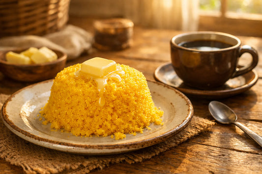 Cuscuz ontbijt — a freshly steamed Brazilian cuscuz with melting butter on a ceramic plate next to a cup of coffee.