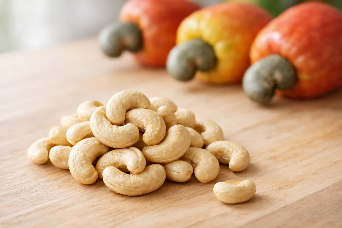 Cashew nuts — raw cashews on a wooden surface with cashew apples in the background